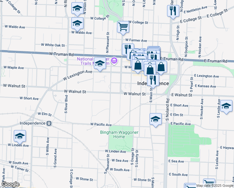 map of restaurants, bars, coffee shops, grocery stores, and more near 403 West Walnut Street in Independence