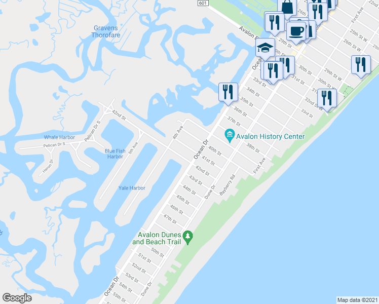 map of restaurants, bars, coffee shops, grocery stores, and more near 318 41st Street in Avalon