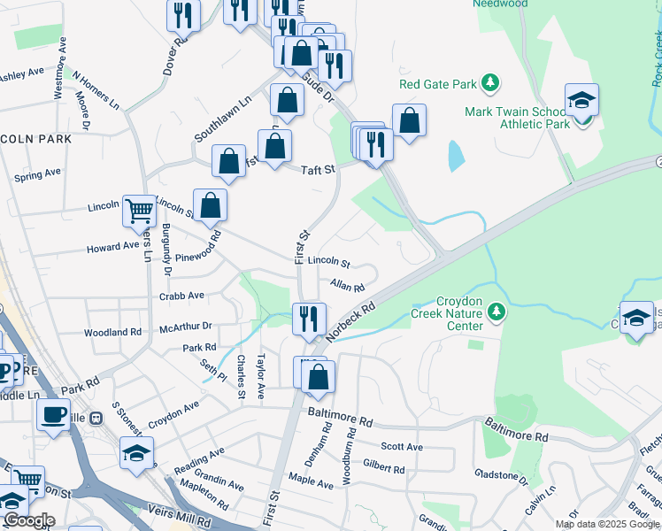 map of restaurants, bars, coffee shops, grocery stores, and more near 903 Lincoln Street in Rockville