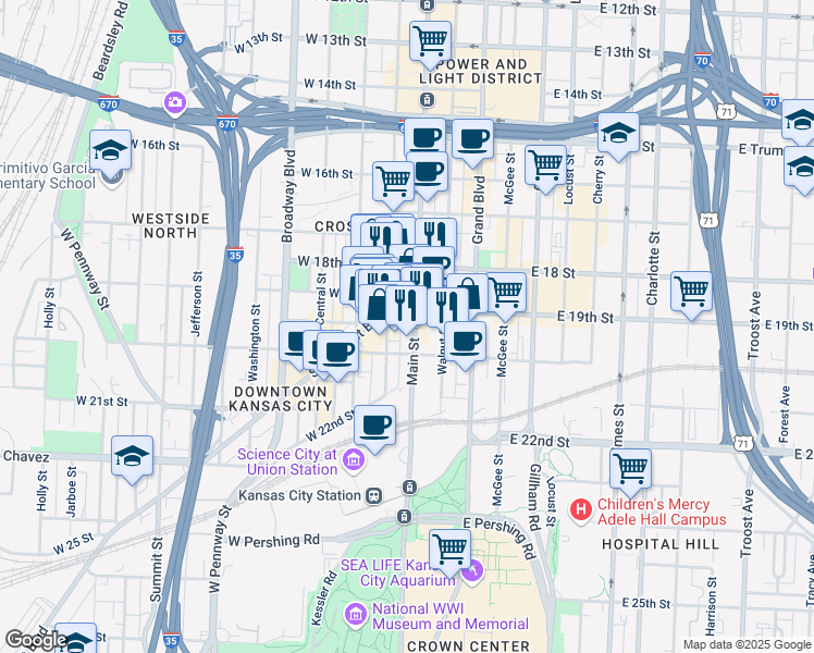 map of restaurants, bars, coffee shops, grocery stores, and more near 1908 Main Street in Kansas City
