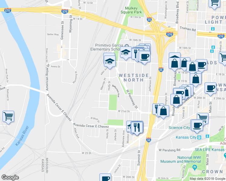 map of restaurants, bars, coffee shops, grocery stores, and more near 1820 Belleview Avenue in Kansas City