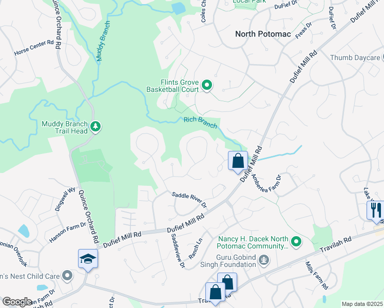 map of restaurants, bars, coffee shops, grocery stores, and more near 11509 Paramus Drive in North Potomac