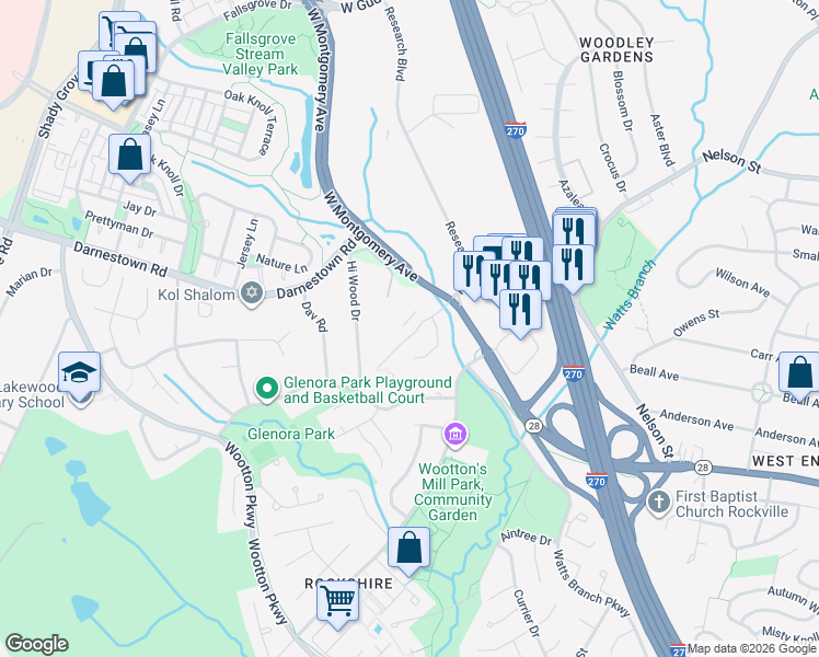 map of restaurants, bars, coffee shops, grocery stores, and more near 121 Crofton Hill Lane in Rockville
