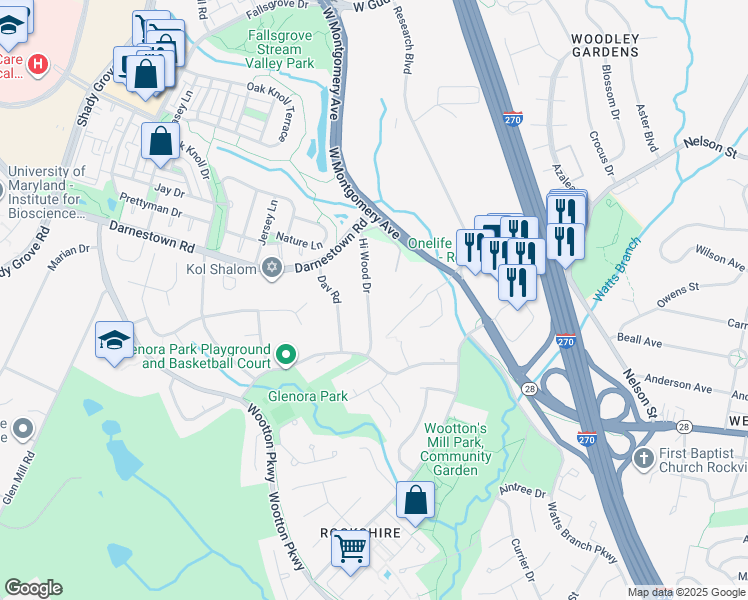 map of restaurants, bars, coffee shops, grocery stores, and more near 14213 Hi Wood Drive in Rockville