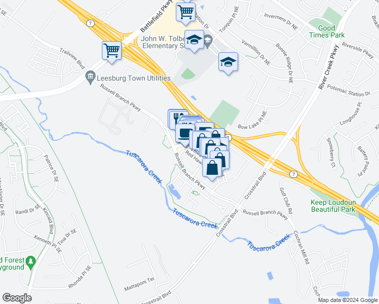 map of restaurants, bars, coffee shops, grocery stores, and more near 117 Red Hawk Lane Southeast in Leesburg
