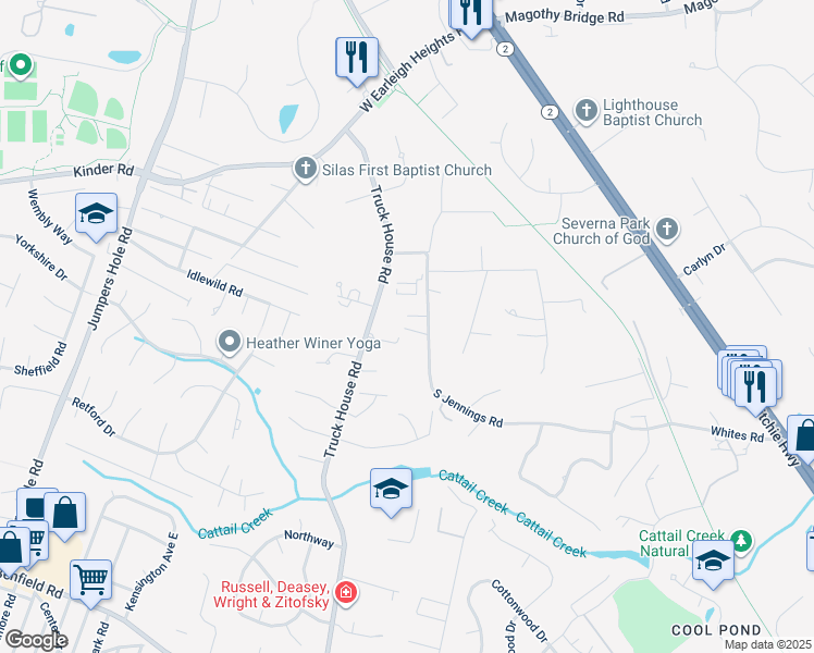 map of restaurants, bars, coffee shops, grocery stores, and more near 143 S Jennings Rd in Severna Park