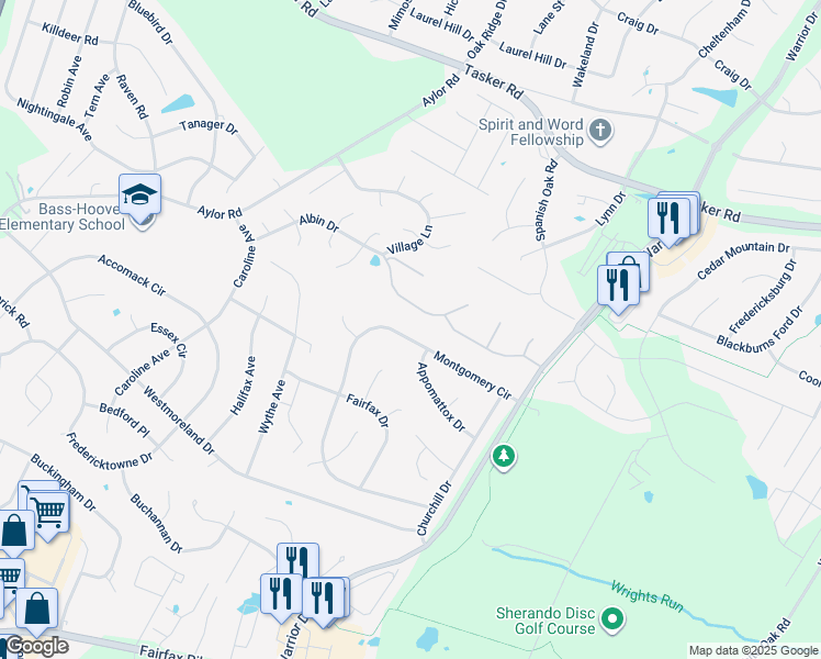 map of restaurants, bars, coffee shops, grocery stores, and more near 331 Montgomery Circle in Stephens City