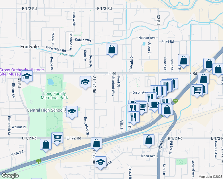 map of restaurants, bars, coffee shops, grocery stores, and more near 587 Stanford Way in Grand Junction