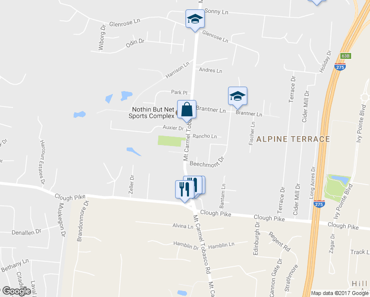 map of restaurants, bars, coffee shops, grocery stores, and more near 4307 Mount Carmel Tobasco Road in Cincinnati