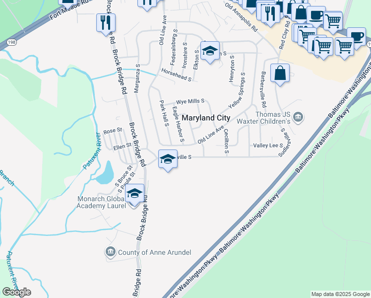 map of restaurants, bars, coffee shops, grocery stores, and more near 368 Old Line Avenue in Laurel