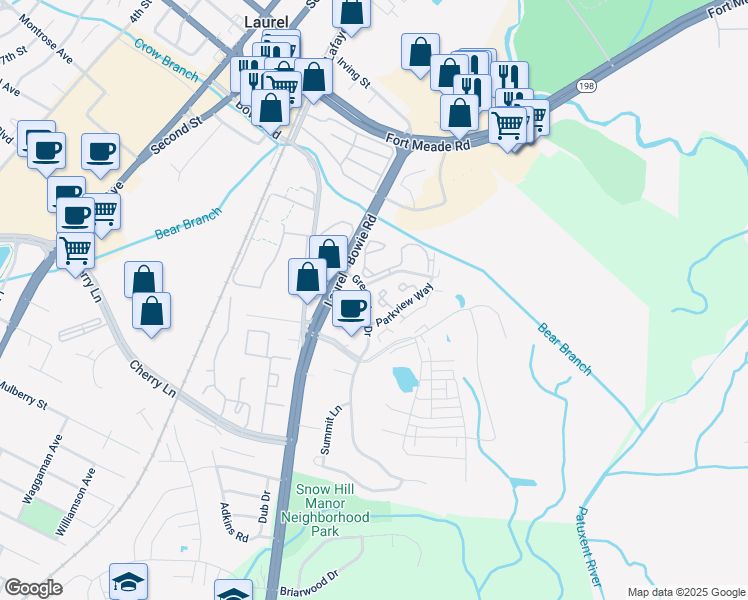 map of restaurants, bars, coffee shops, grocery stores, and more near 9318 Palmer Place in Laurel