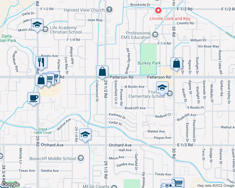 map of restaurants, bars, coffee shops, grocery stores, and more near 576 Greenfield Circle East in Grand Junction