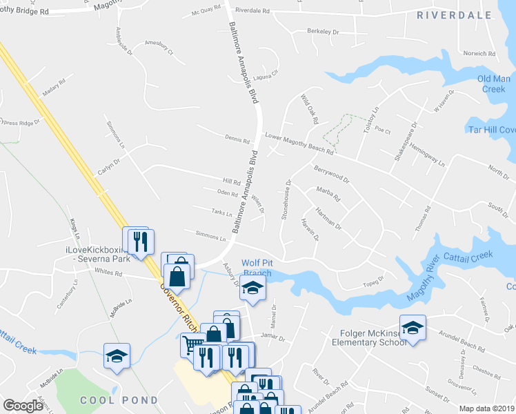 map of restaurants, bars, coffee shops, grocery stores, and more near 372 Wilett Drive in Severna Park