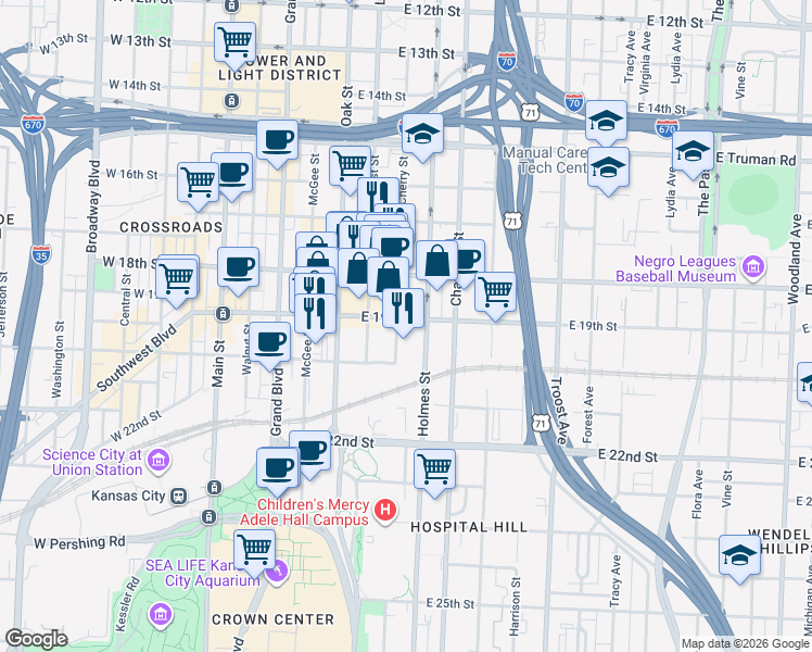 map of restaurants, bars, coffee shops, grocery stores, and more near 1901 Cherry Street in Kansas City