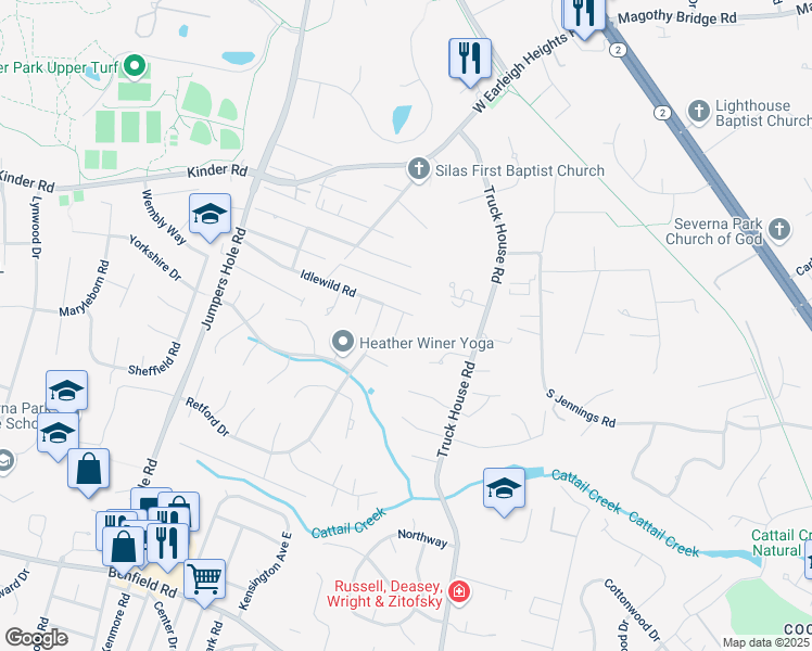 map of restaurants, bars, coffee shops, grocery stores, and more near 403 Idleoak Court in Severna Park