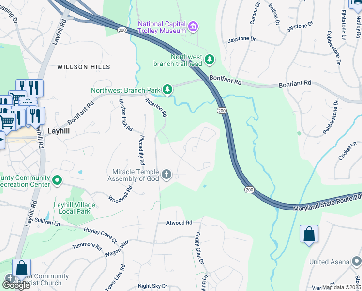 map of restaurants, bars, coffee shops, grocery stores, and more near 14218 Long Green Drive in Silver Spring