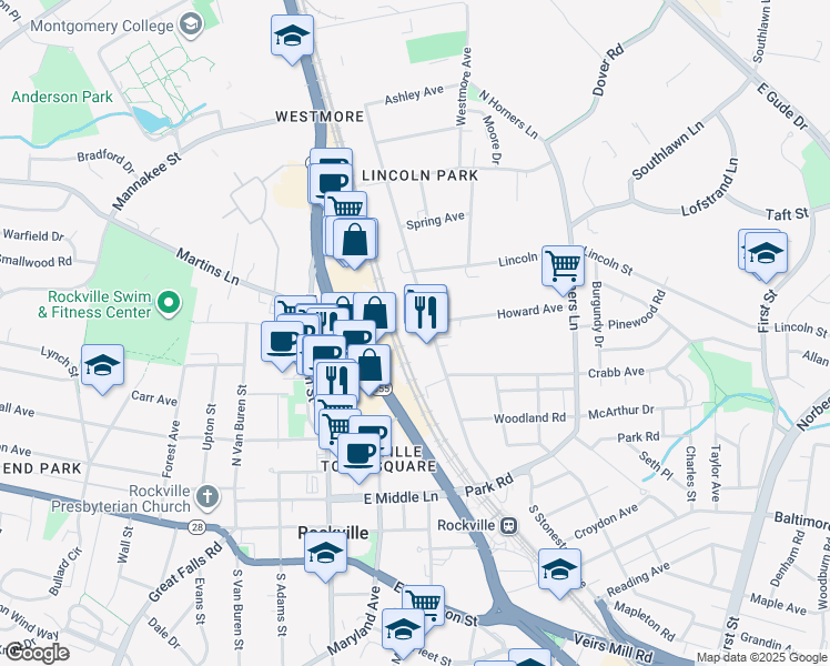 map of restaurants, bars, coffee shops, grocery stores, and more near 424 North Stonestreet Avenue in Rockville