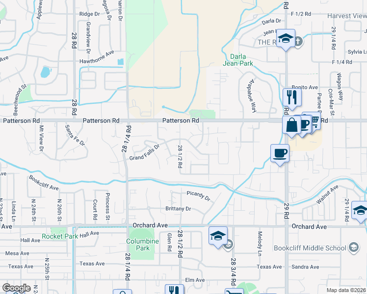 map of restaurants, bars, coffee shops, grocery stores, and more near 2853 Grand Falls Drive in Grand Junction