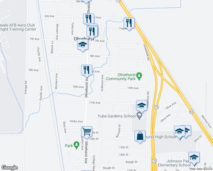 map of restaurants, bars, coffee shops, grocery stores, and more near 4704 Ardmore Avenue in Olivehurst