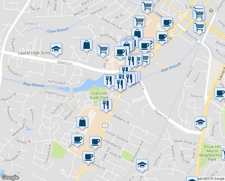 map of restaurants, bars, coffee shops, grocery stores, and more near 8220 Marymont Drive in Laurel