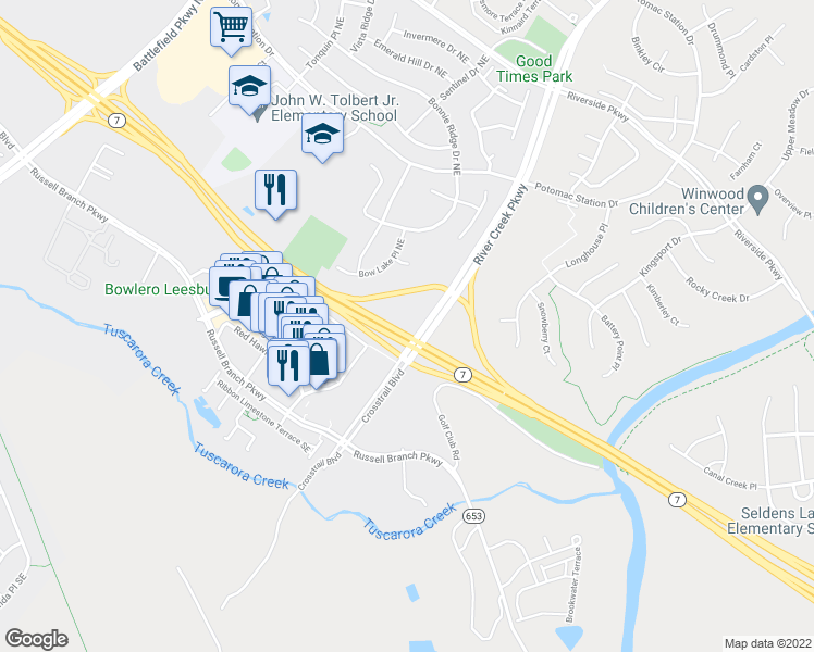 map of restaurants, bars, coffee shops, grocery stores, and more near East Market Street in Leesburg