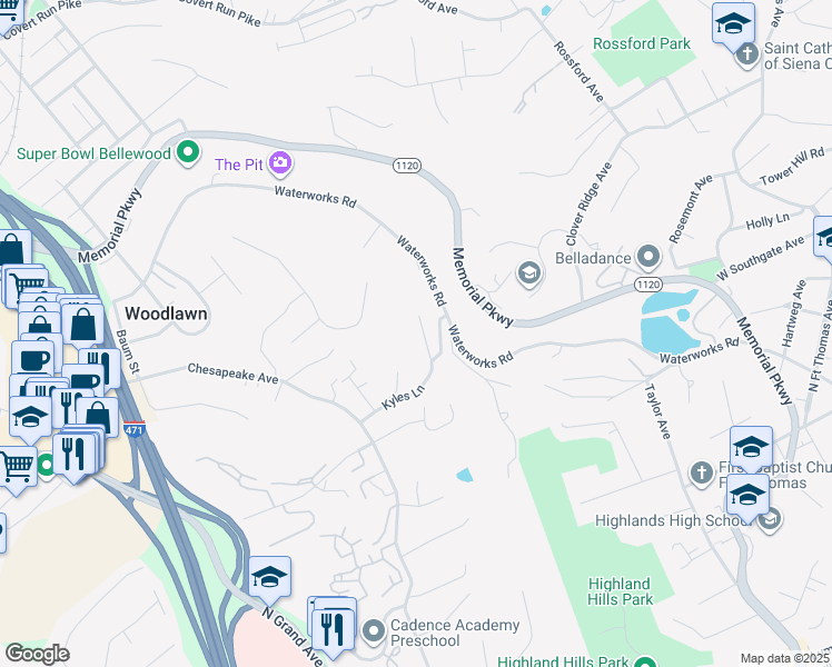 map of restaurants, bars, coffee shops, grocery stores, and more near 500 London Acres Drive in Fort Thomas