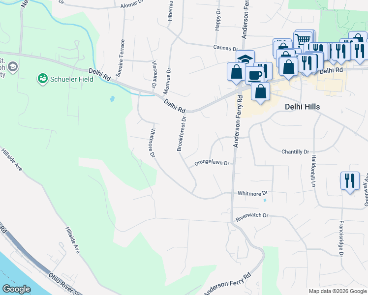 map of restaurants, bars, coffee shops, grocery stores, and more near 291 Shaker Court in Cincinnati