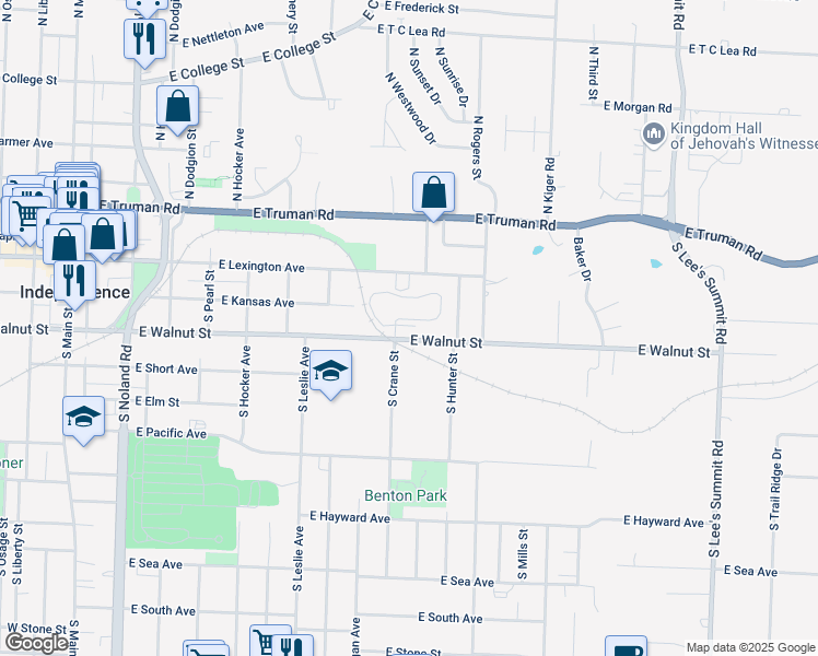 map of restaurants, bars, coffee shops, grocery stores, and more near 812 East Walnut Street in Independence