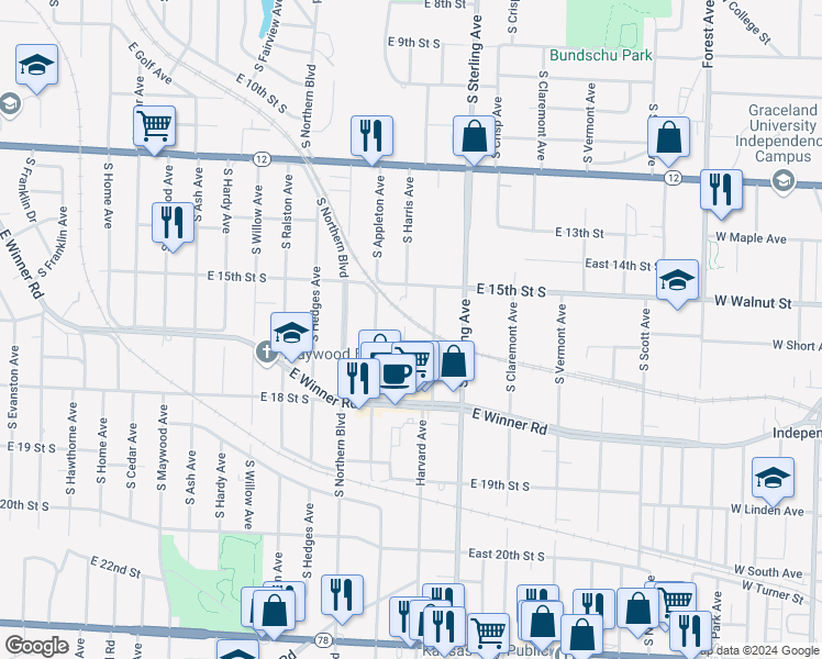 map of restaurants, bars, coffee shops, grocery stores, and more near 1601 South Harris Avenue in Independence