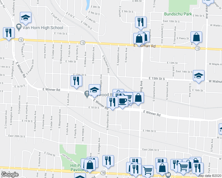 map of restaurants, bars, coffee shops, grocery stores, and more near 1611 South Northern Boulevard in Independence