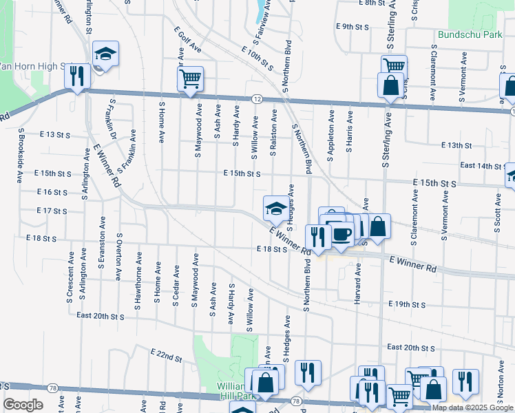 map of restaurants, bars, coffee shops, grocery stores, and more near 1539 South Willow Avenue in Independence
