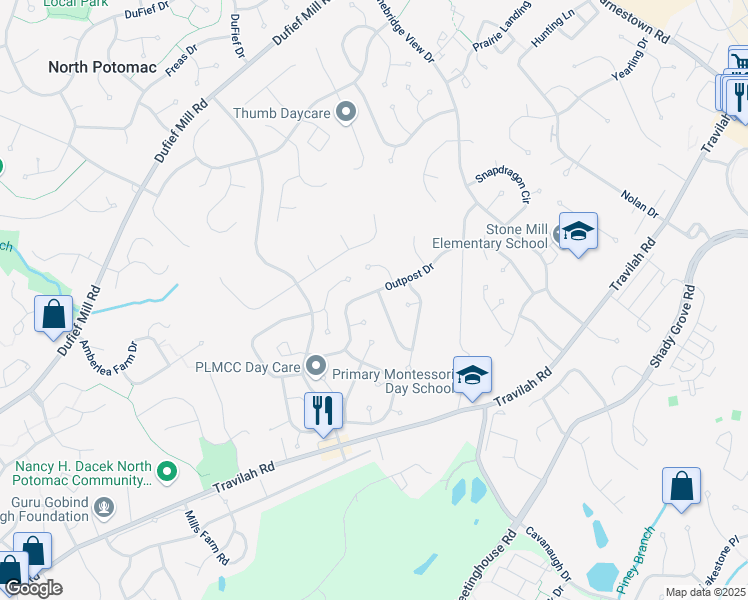 map of restaurants, bars, coffee shops, grocery stores, and more near 14240 Masterpiece Lane in North Potomac