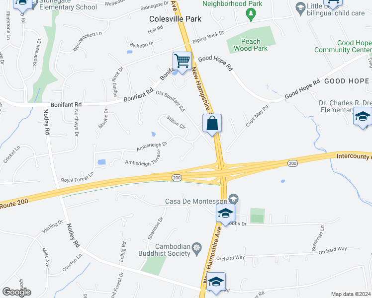 map of restaurants, bars, coffee shops, grocery stores, and more near 14220 Cribbage Terrace in Silver Spring