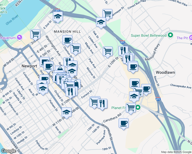 map of restaurants, bars, coffee shops, grocery stores, and more near 937 Monroe Street in Newport