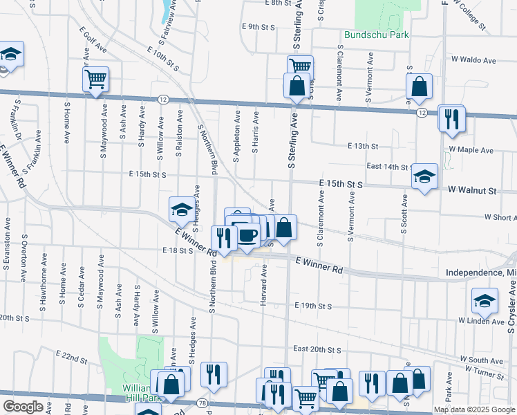 map of restaurants, bars, coffee shops, grocery stores, and more near 1601 South Harris Avenue in Independence