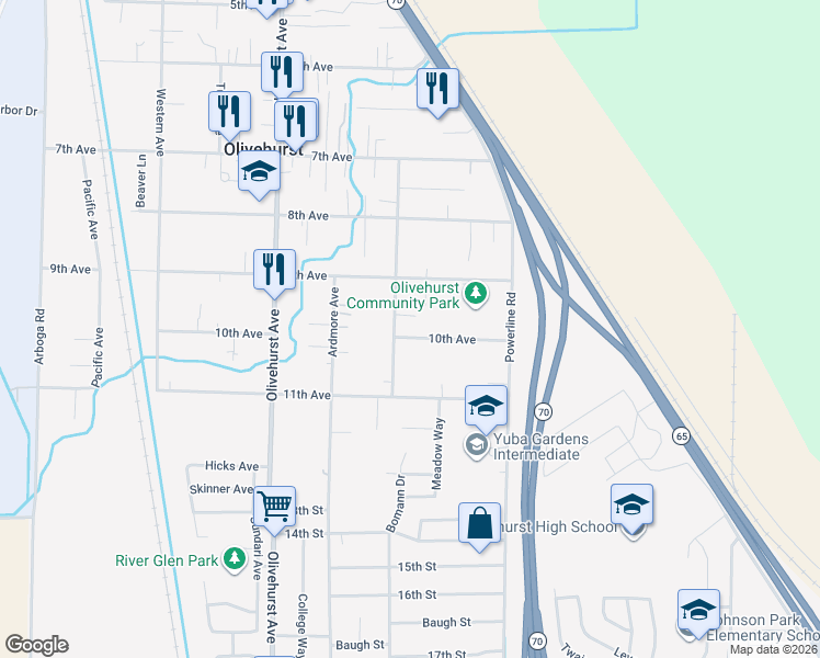 map of restaurants, bars, coffee shops, grocery stores, and more near 1895 10th Avenue in Olivehurst