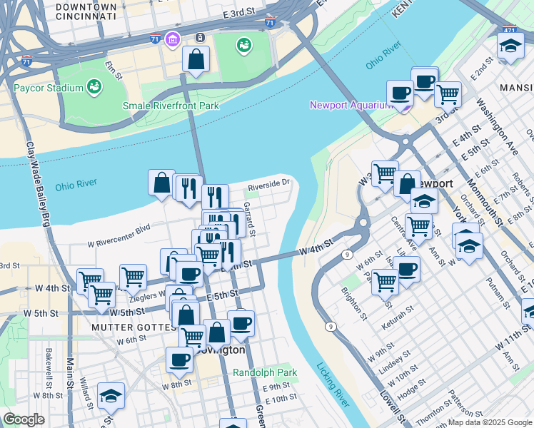 map of restaurants, bars, coffee shops, grocery stores, and more near 323 East 2nd Street in Covington