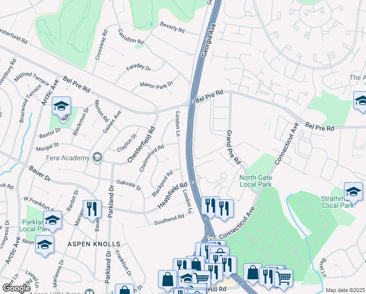 map of restaurants, bars, coffee shops, grocery stores, and more near 14123 London Lane in Rockville