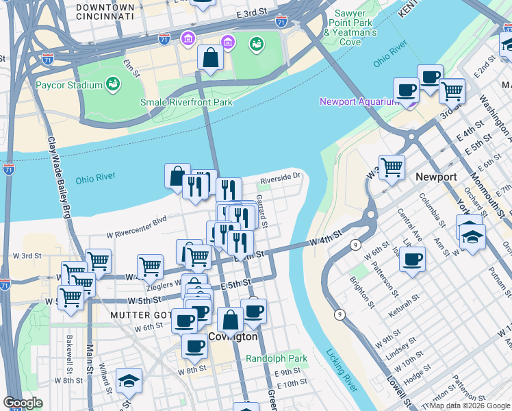 map of restaurants, bars, coffee shops, grocery stores, and more near 201 Garrard Street in Covington