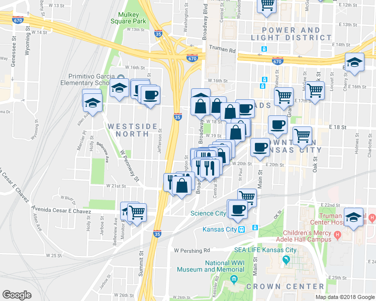 map of restaurants, bars, coffee shops, grocery stores, and more near 1827/2 Washington Street in Kansas City