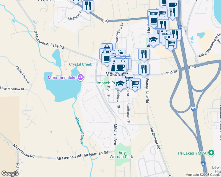 map of restaurants, bars, coffee shops, grocery stores, and more near 23 1st Street in Monument