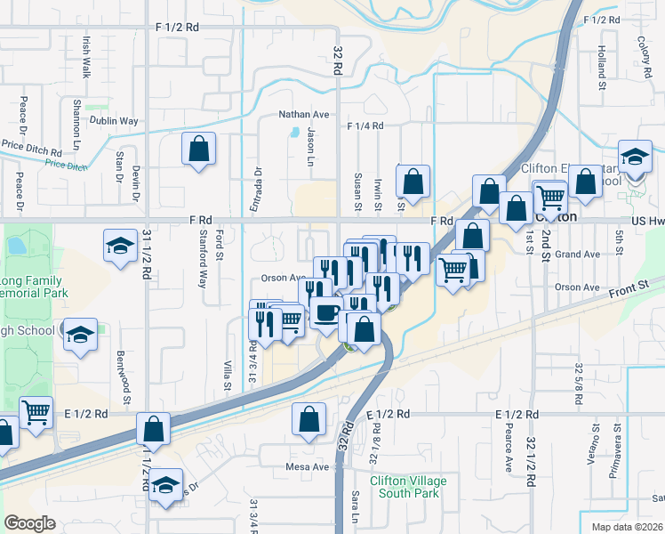 map of restaurants, bars, coffee shops, grocery stores, and more near 3195 F Road in Grand Junction