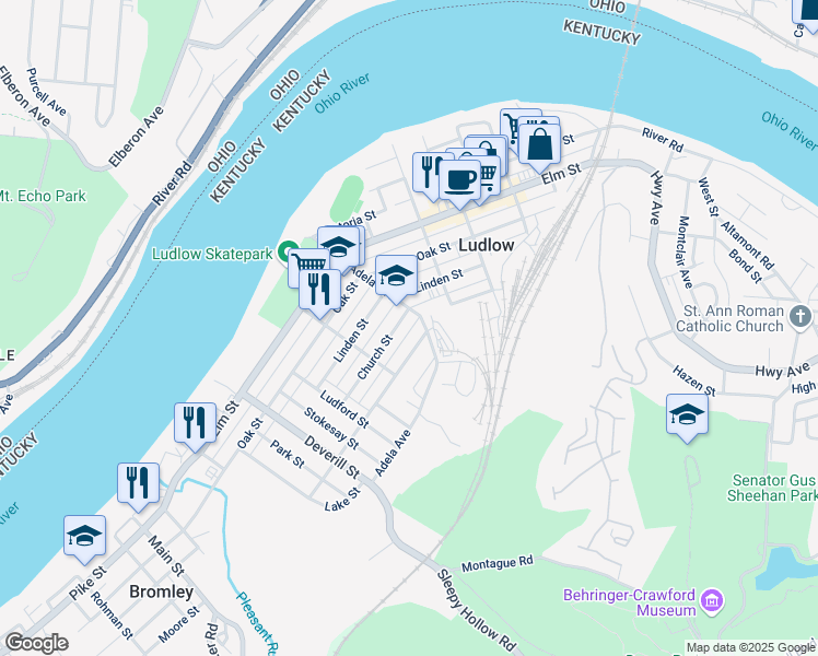 map of restaurants, bars, coffee shops, grocery stores, and more near 511 Teed Alley in Ludlow