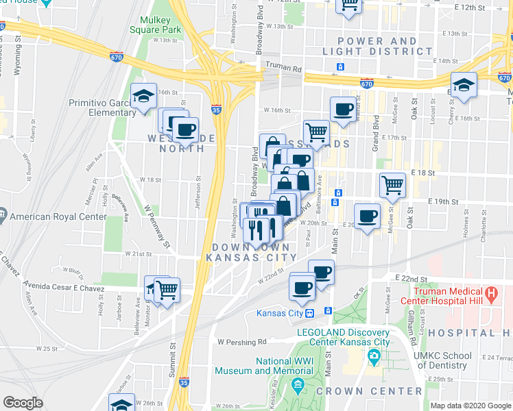 map of restaurants, bars, coffee shops, grocery stores, and more near 1943 Broadway Boulevard in Kansas City