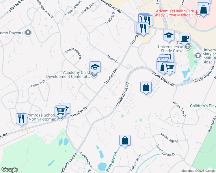 map of restaurants, bars, coffee shops, grocery stores, and more near 14301 Summit View Lane in Rockville