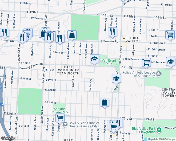 map of restaurants, bars, coffee shops, grocery stores, and more near 4828 East 18th Street in Kansas City
