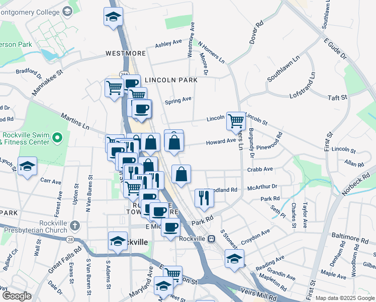 map of restaurants, bars, coffee shops, grocery stores, and more near 309 Howard Avenue in Rockville