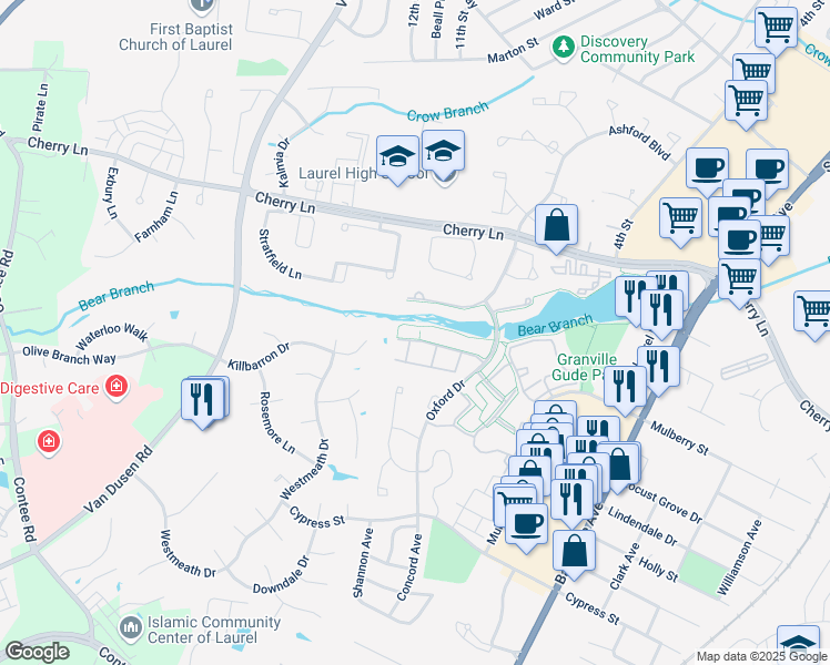 map of restaurants, bars, coffee shops, grocery stores, and more near 7818 Chapel Cove Drive in Laurel