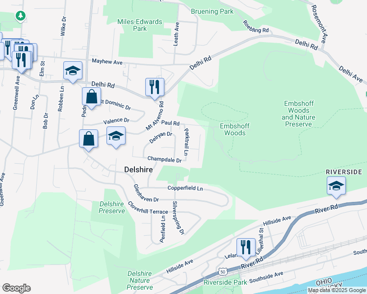 map of restaurants, bars, coffee shops, grocery stores, and more near 313 Parktrail Lane in Cincinnati