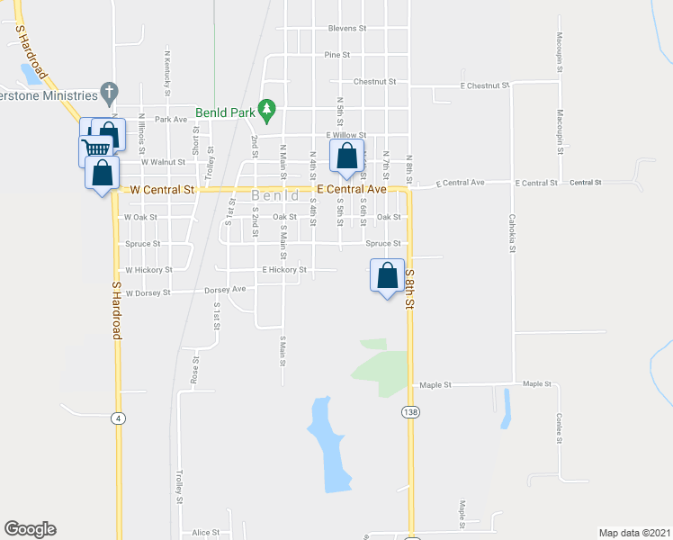 map of restaurants, bars, coffee shops, grocery stores, and more near 708 East Hickory Street in Benld